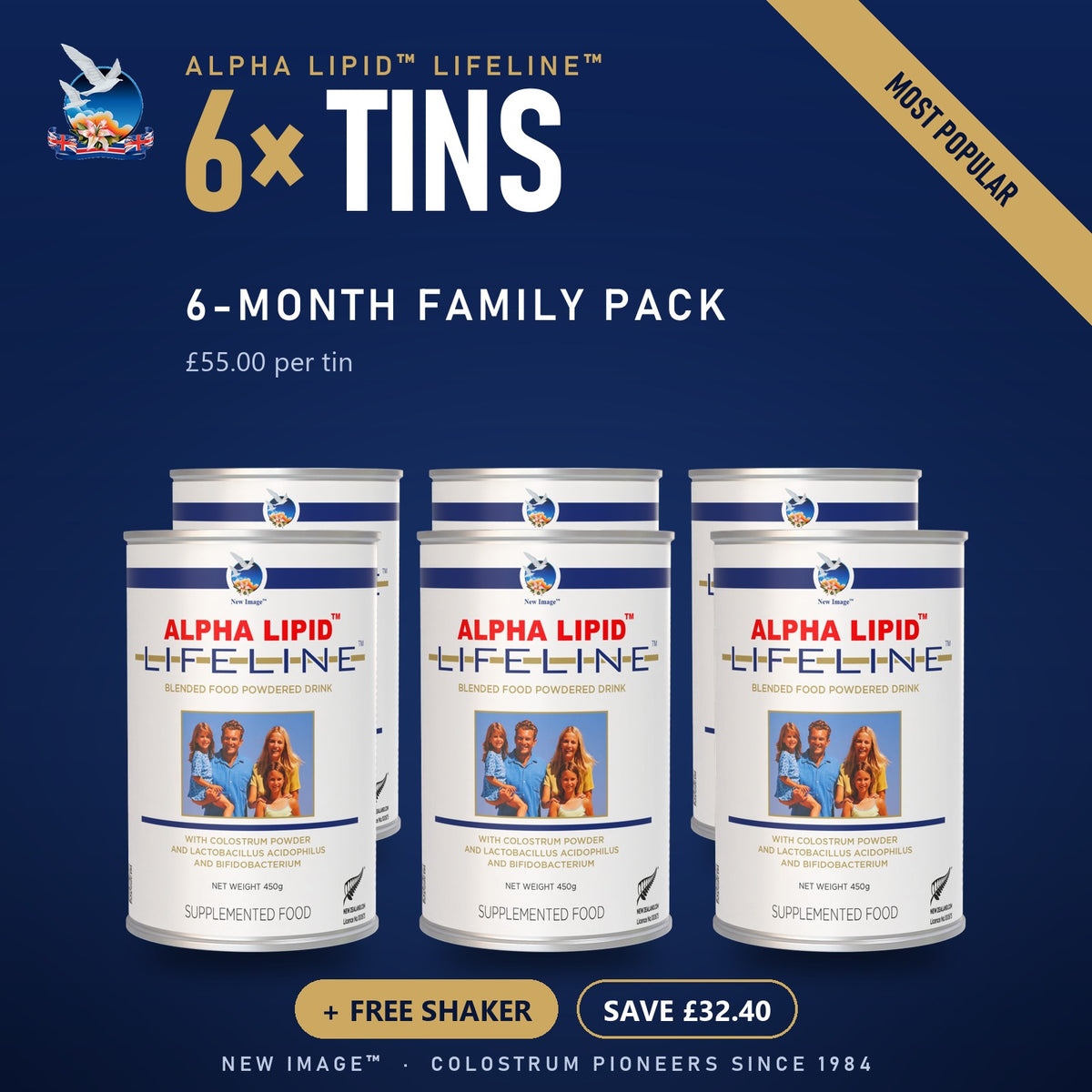 Alpha Lipid Lifeline colostrum, 6 tin family pack