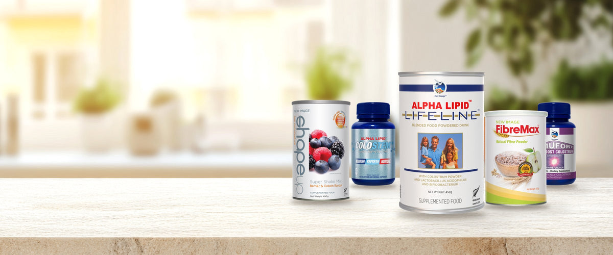 Alpha Lipid Lifeline, Colostem, Immufort, FibreMax and ShapeUp on a bright kitchen table