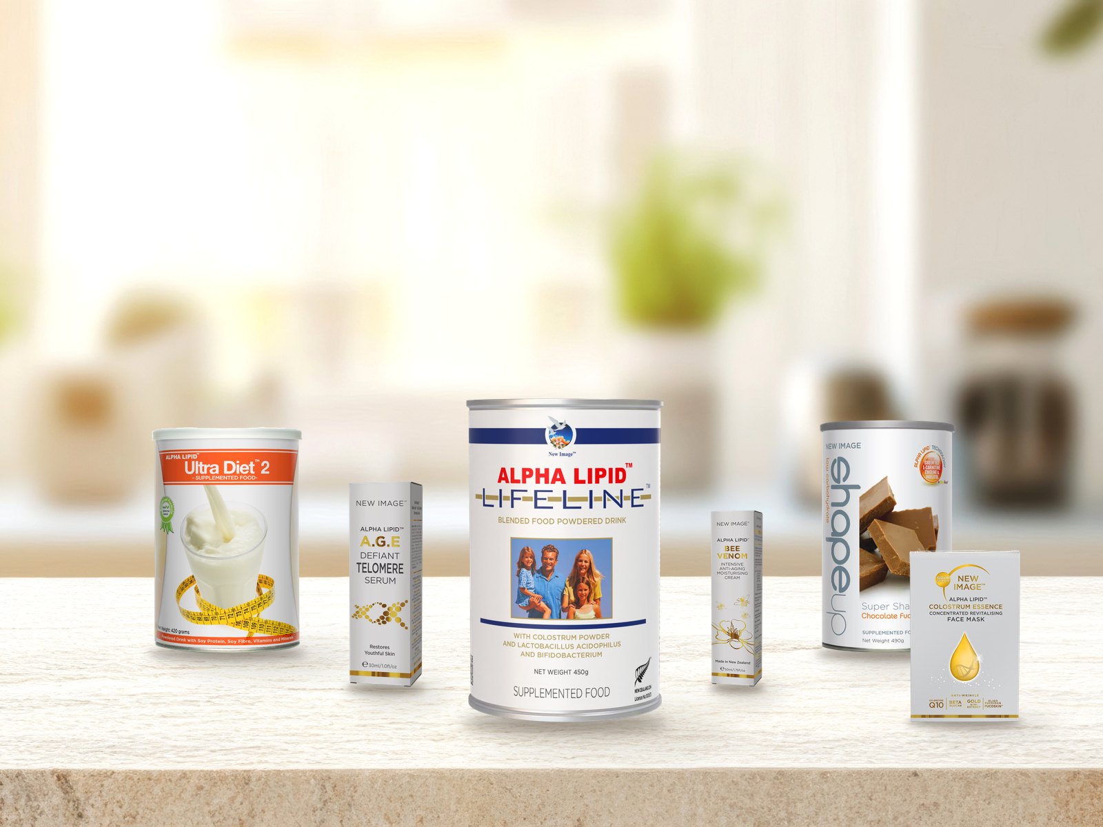 New Image range including Lifeline, Ultra Diet 2, ShapeUp and skincare on a kitchen table